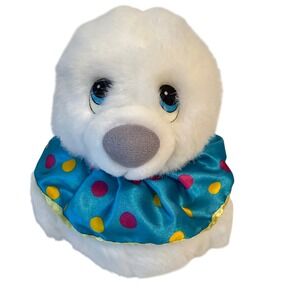 AVON Vintage 1993 White Harp Seal Plush Blue Polka Dot Circus Collar 90s Toy 10"